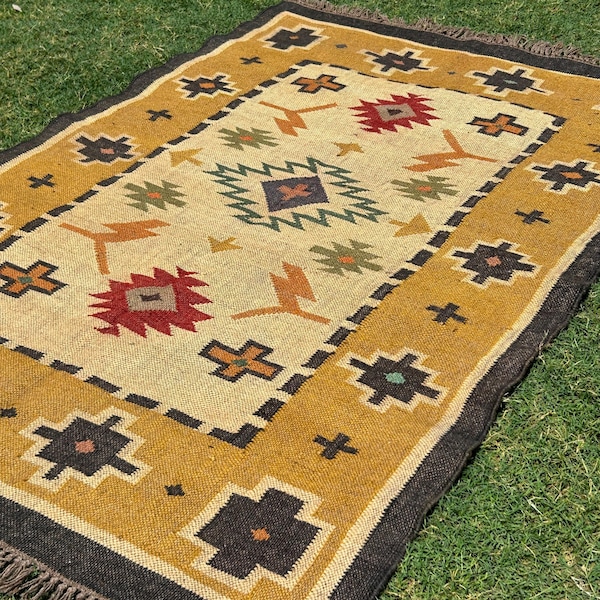 Yellow Wool Area Rug: Jute Kilim Moroccan - Navajo Traditional Handmade - Farmhouse Handwoven Boho Rug