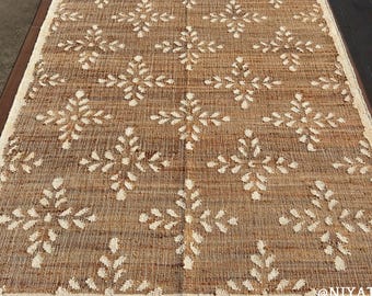 Nordic Jute Area Rug : White Floral Kilim • Moroccan Flatweave Handmade • Rustic Neutral Natural Cottagecore