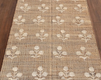 Rustic Floral Rug : Handwoven Beige/White Jute Scandi Area Rug, High Traffic Neutral Carpet
