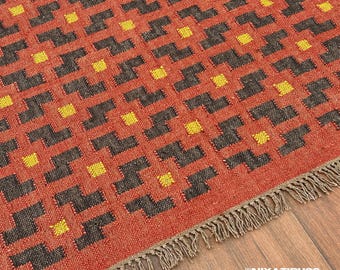 Red Aztec Kilim Rug: Handwoven Wool Jute • Geometric Flatweave Boho • Southwestern Indian Dhurrie Navajo