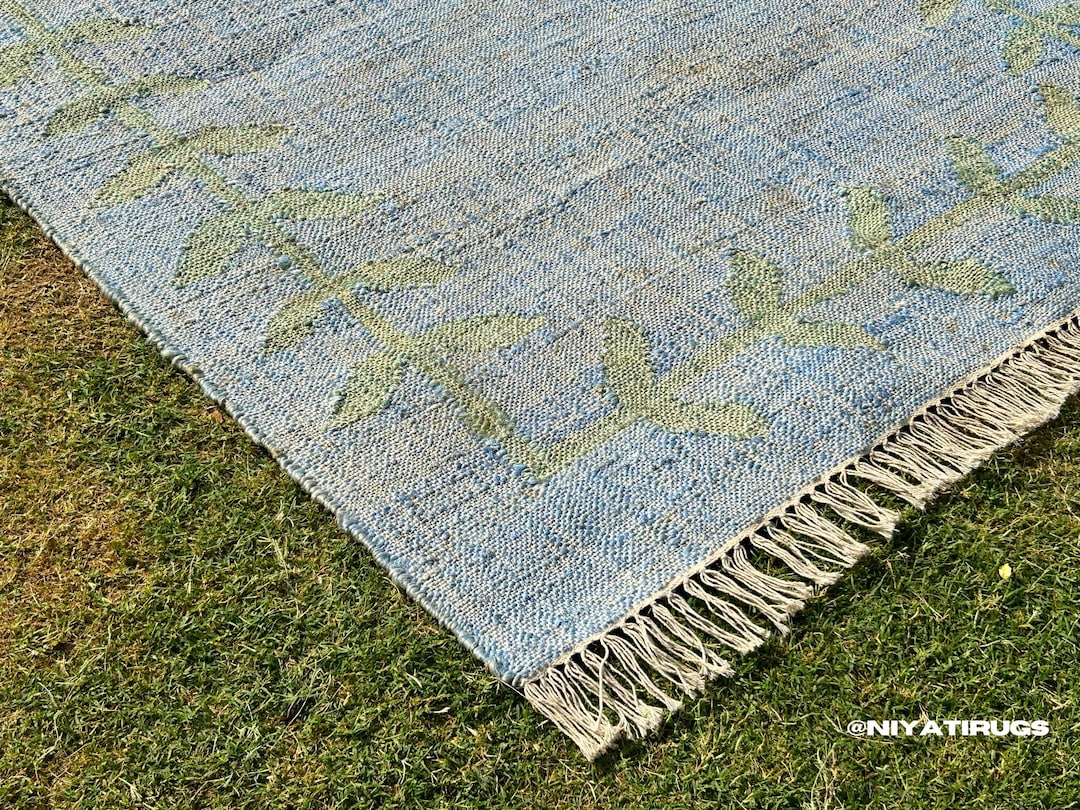 Blue Floral Jute Rug: Kilim Rustic - Muted Distressed Area Rug ...