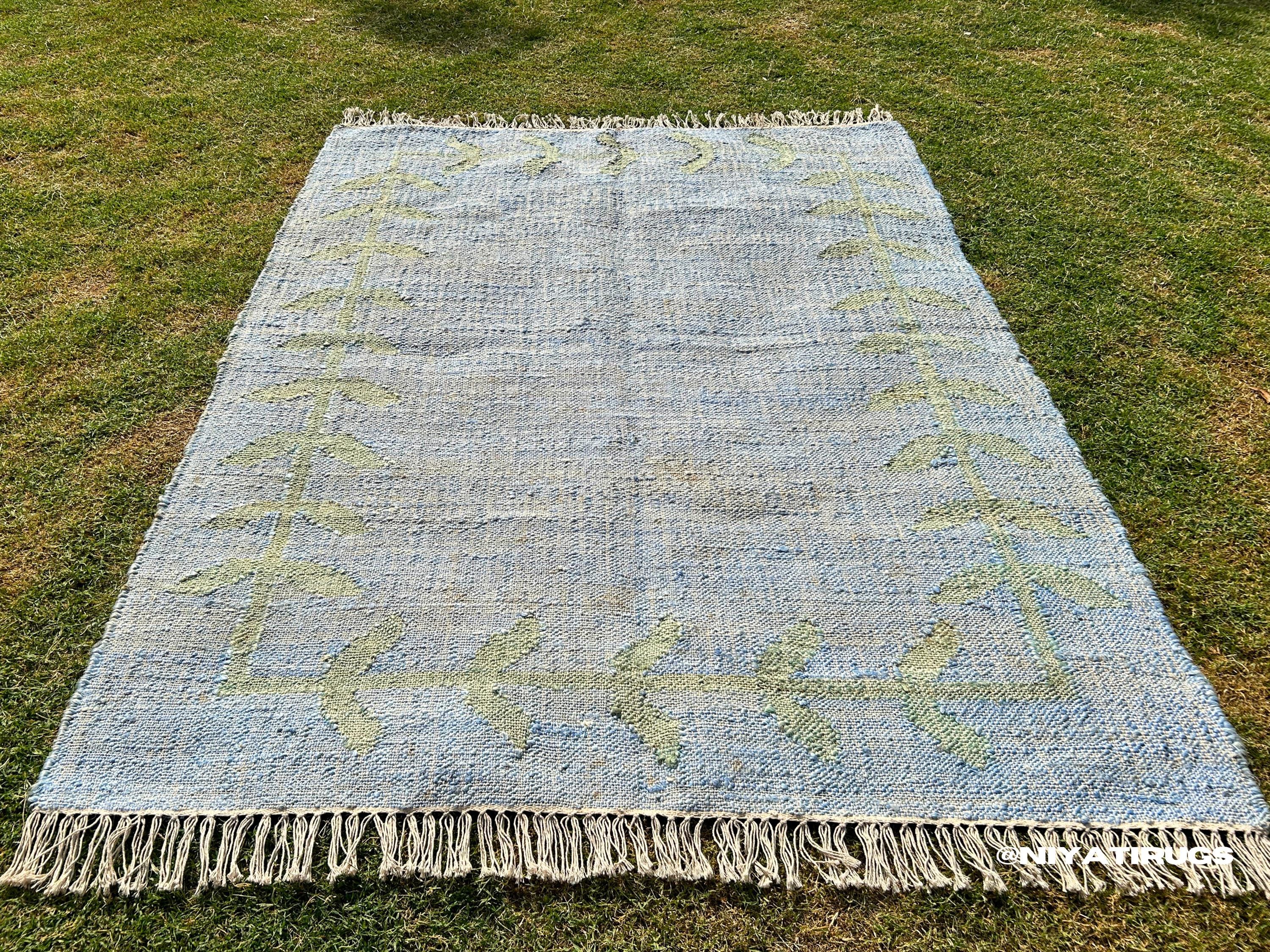 Blue Neutral Rug Blue Floral Jute Rug: Kilim Rustic - Muted Distressed Area Rug ...