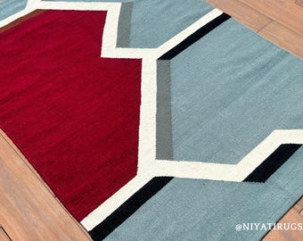 Handloomed Abstract Color Wool Rug : Maroon Blue Modern Art Deco Flatweave Area Carpet