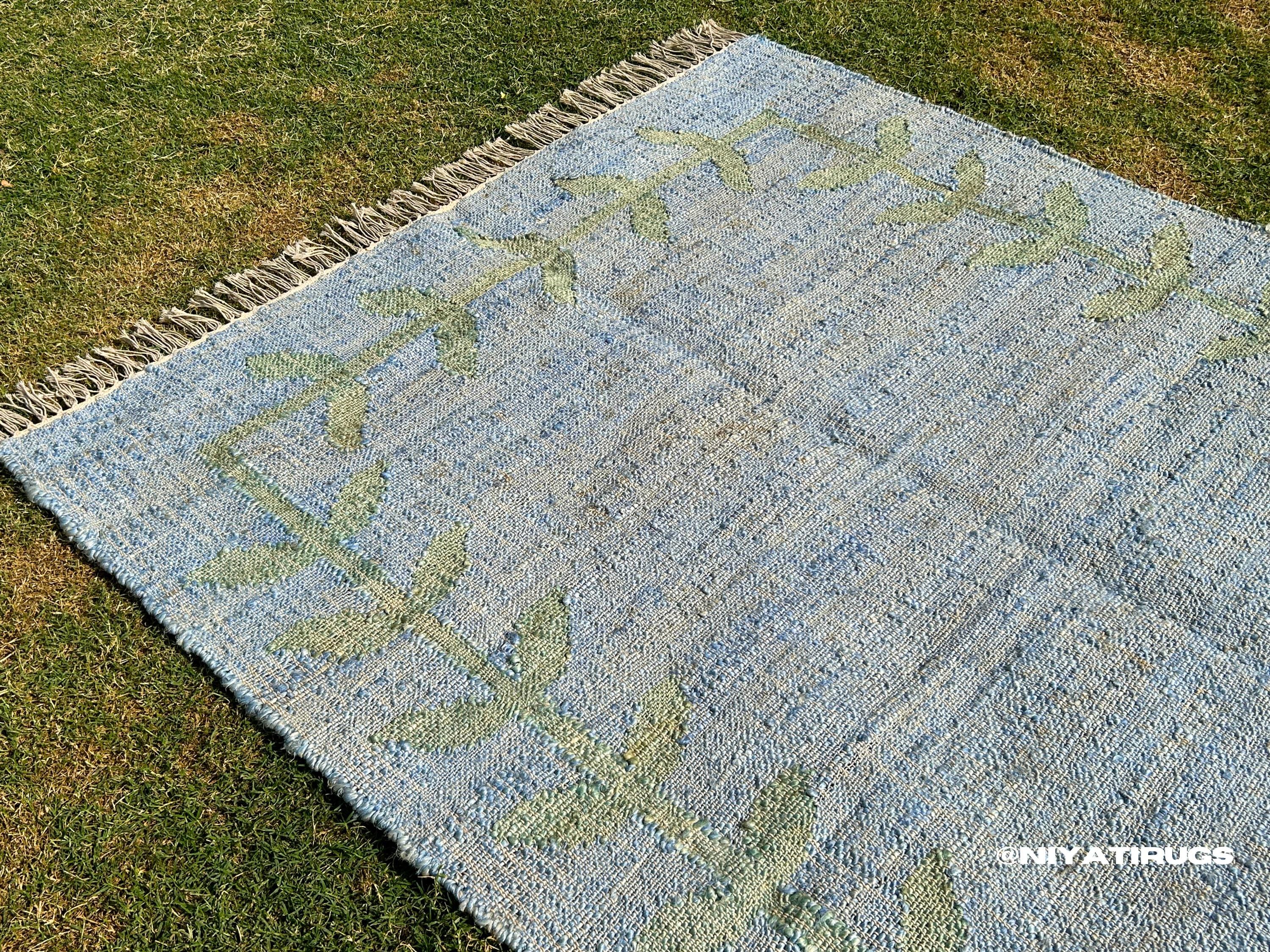 Blue Neutral Rug Blue Floral Jute Rug: Kilim Rustic - Muted Distressed Area Rug ...