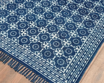 Floral Cotton Rug: Washable Indigo Block Print Mandala Handwoven Area Rug | Blue White Boho