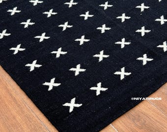 Schwarz Kreuz Wollteppich, Handgefertigter Flachgewebe Gemusterter Teppich, stark genutzten Premium Wollteppich, Handgefertigter Moderner Wollteppich in Sondergröße