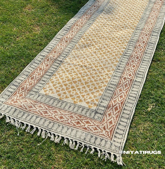 Handmade Boho Runner, Kilim Block Printed Runner, Hallway Cotton Carpet, Kitchen Dining Room Rug, Yellow Kilim Stair Runner, Boho Area Rug