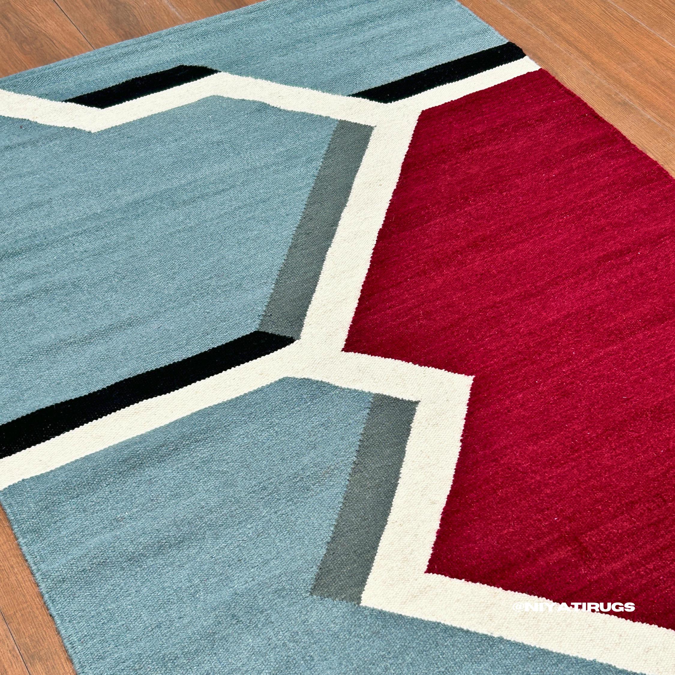 Luxury Wool Area Rug, Handwoven Modern Abstract Wool Rug, Living Room Wool Rug, Teal Blue - Red Colour, Boho Aesthetic Decor Rug, Eclectic