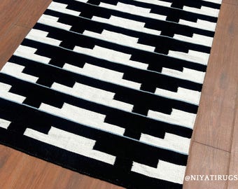 Geometric Wool Rug: Handmade Modern Scandi Minimalistic Area Rug - Flatweave Black-White Contemporary Kilim Carpet
