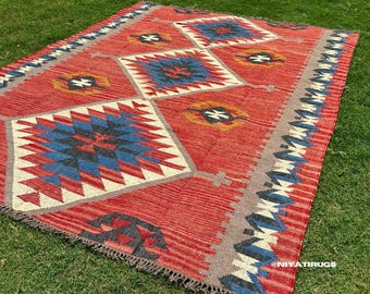 Red Kilim Area Rug, Handwoven Peruvian Kilim Rug, Boho Traditional Living Room Rug, Red Dining Room Carpet, Natural Home Decor,Wool Jute Rug