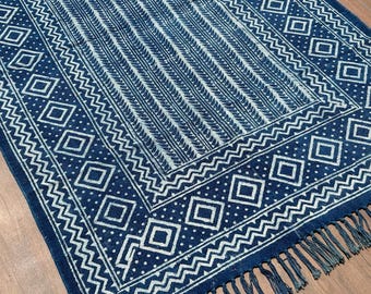Indigo Cotton Rug : Blue Washable Block Print Handwoven Flatweave Area Rug - Boho Coastal Decor