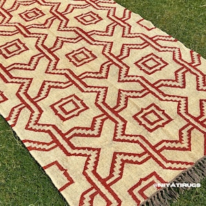 Geometric Kilim Rug, Handwoven Red Wool Jute Area Rug, Red Modern Kilim Rug, Handmade Navajo Rug, Living Room/Bedroom Rug, Farmhouse Red Rug