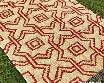 Geometric Kilim Rug, Handwoven Red Wool Jute Area Rug, Red Modern Kilim Rug, Handmade Navajo Rug, Living Room/Bedroom Rug, Farmhouse Red Rug