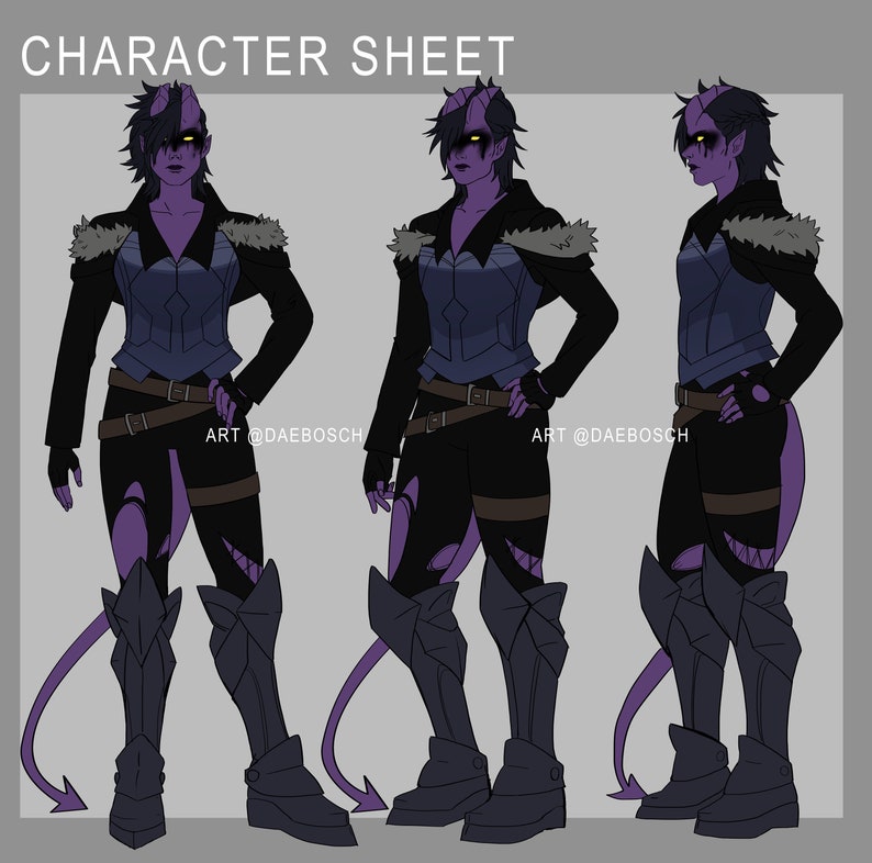 May include: Character sheet illustration of a purple-skinned humanoid with a tail, wearing a blue and black outfit with a fur collar, and black boots. The character is shown in three poses, from the front, side, and back.