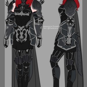 May include: A female character wearing black armour with silver accents and a long black cape. The character has red hair and horns. The character is shown from the front and side views.
