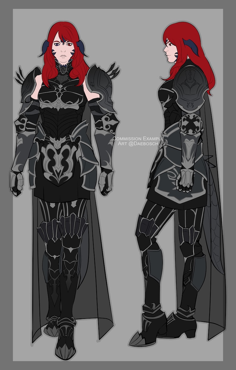 May include: A female character wearing black armour with silver accents and a long black cape. The character has red hair and horns. The character is shown from the front and side views.