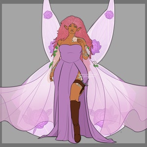 May include: A fairy with pink hair and a purple dress with a thigh-high slit. She has large, translucent wings with rose details. The wings are spread out behind her.
