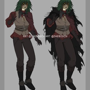 May include: A digital illustration of a person with green hair and yellow eyes wearing a brown and red outfit with a black cloak. The person is holding their hand up in a peace sign. The text "ART @DAEBOSCH" is written on the image.