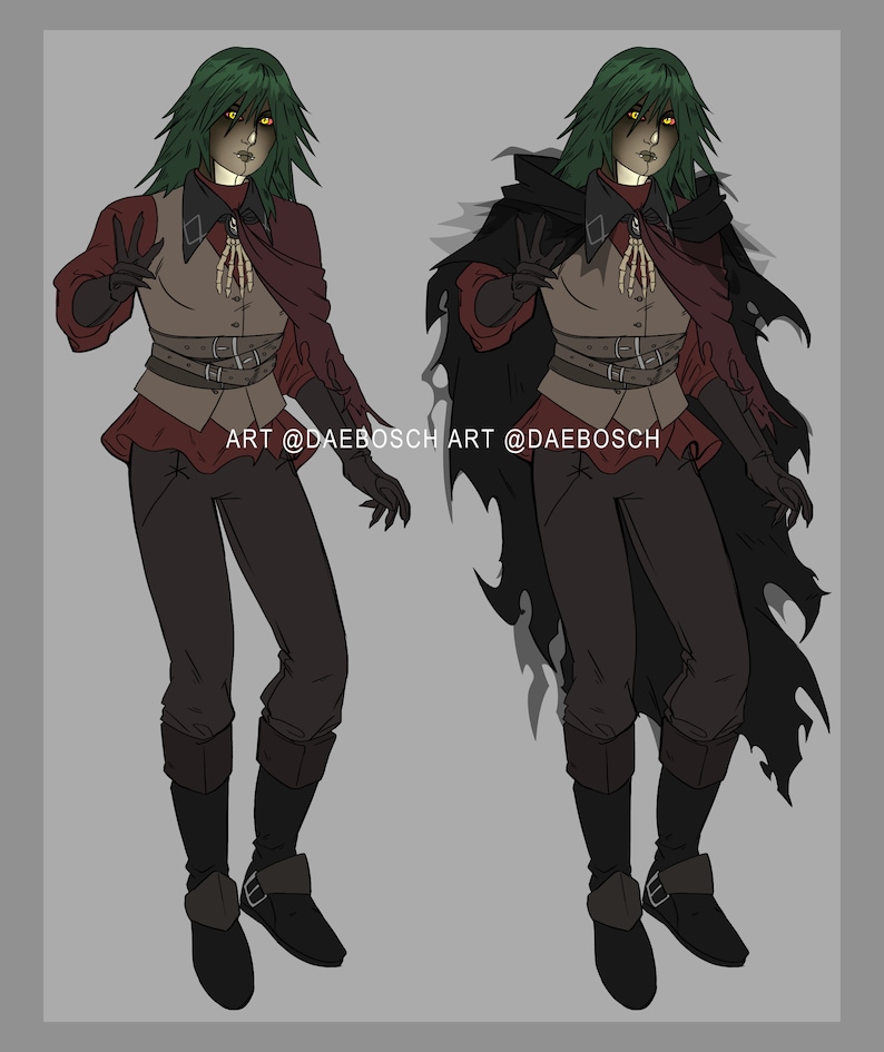 May include: A digital illustration of a person with green hair and yellow eyes wearing a brown and red outfit with a black cloak. The person is holding their hand up in a peace sign. The text "ART @DAEBOSCH" is written on the image.