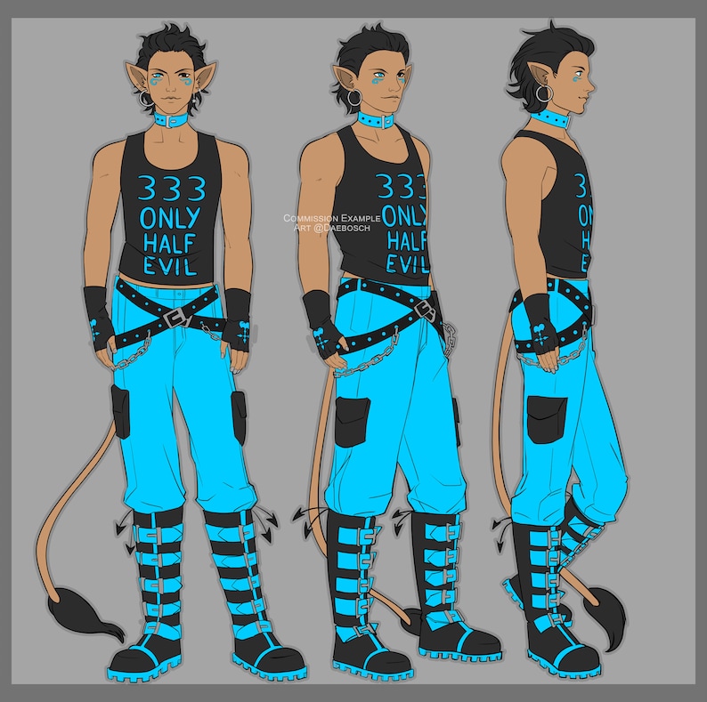 May include: A digital illustration of a character with a tail, wearing a black tank top with the text "333 ONLY HALF EVIL", blue jeans, and black boots. The character has blue skin, black hair, and horns.