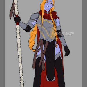 May include: A blue-skinned woman with long blonde braids wears a red cape and silver armour with gold runes. She holds a bone spear with a metal tip.