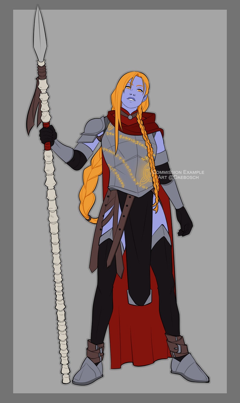 May include: A blue-skinned woman with long blonde braids wears a red cape and silver armour with gold runes. She holds a bone spear with a metal tip.