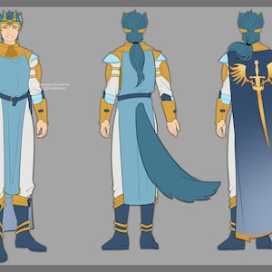 May include: A character wearing a blue and gold outfit with a blue cape and a sword on the back. The character has a blue tail and a crown on their head.