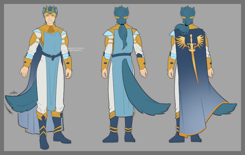 May include: A character wearing a blue and gold outfit with a blue cape and a sword on the back. The character has a blue tail and a crown on their head.