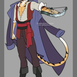 May include: An anthropomorphic character with tiger-like features, dressed in a red and white pirate outfit with a blue coat, holding a crossbow with a string attached. The character has a red bandana around their waist and a red hat with a feather on top. The background is grey.