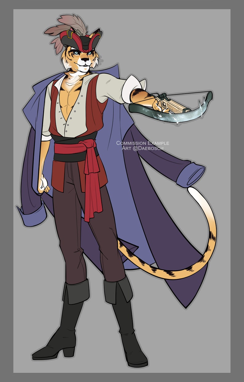 May include: An anthropomorphic character with tiger-like features, dressed in a red and white pirate outfit with a blue coat, holding a crossbow with a string attached. The character has a red bandana around their waist and a red hat with a feather on top. The background is grey.