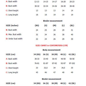 May include: Size chart in inches and centimeters for clothing. The chart includes measurements for back width, bust width, maximum bust width, under bust width, short length, and long length. Sizes include XS, S, M, L, and XL.