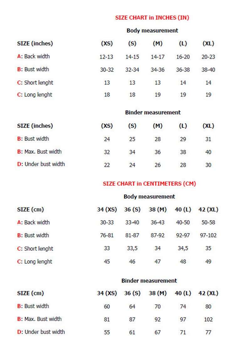 May include: Size chart in inches and centimeters for clothing. The chart includes measurements for back width, bust width, maximum bust width, under bust width, short length, and long length. Sizes include XS, S, M, L, and XL.