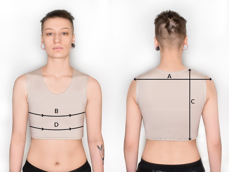 May include: A beige sleeveless top with measurements marked on it. The measurements are labeled A, B, C, and D. The top is being worn by a person with short hair.