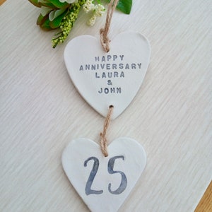 Wedding anniversary gift, Personalised hanging clay hearts keepsake, 30th Pearl wedding anniversary, 25th silver, 50th golden, wedding date