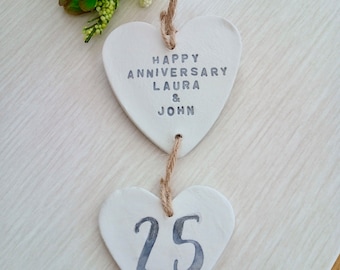 Wedding anniversary gift, Personalised hanging clay hearts keepsake, 30th Pearl wedding anniversary, 25th silver, 50th golden, wedding date