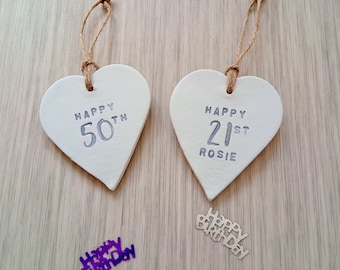 Personalised Birthday gift tag, Happy 18th, 21st, 30, 40, 50, 60, 70, clay gift tag, flower, heart, star, diamond, Special birthday