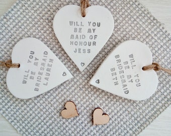 Will you be my bridesmaid, maid of honour, flower girl, keepsake, gift, personalised, bridal party, hanging clay heart, rustic wedding