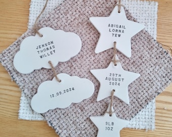 Personalised new baby keepsake, New baby gift, Newborn gift, Twinkle Twinkle Little Star, Bespoke hanging clay stars, hearts, flowers, cloud