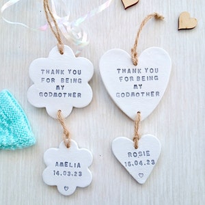 Thank you Godparents, Christening, personalised bespoke Godmother, Godfather, keepsake gift, hanging white clay, heart, flower, star, date