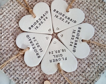 Bridesmaid, wedding favour, personalised wedding date, hearts, maid of  honour, flower girl, Bride, thank you gift tags, clay heart keepsake