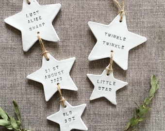 Personalised new baby keepsake, New baby gift, Newborn gift, Twinkle Twinkle Little Star, Bespoke hanging clay stars, hearts, flowers,