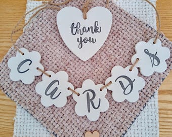 Personalised Wedding Bunting, White Clay Hearts, Flowers, Garland, Cards Box, Sweets Box, Wedding tables, Wedding sign, Mr & Mrs, Barn, Boho