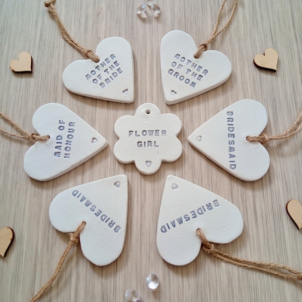 Bridesmaid, wedding favour, heart, mother of the bride, maid of honour, flower girl, thank you keepsake, personalised wedding date, clay