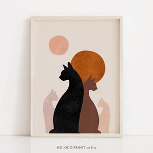 Impressão de gatos boho abstratos, arte de parede para impressão, decoração de quarto de gato, download digital instantâneo, gato preto minimalista, pôster moderno de meados do século