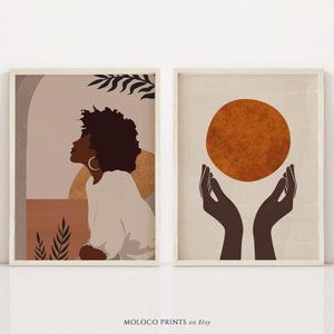 Set di 2 stampe, donna nera, arte afroamericana, stampa digitale, arredamento boho, ritratto femminile, magia della ragazza nera, arte afrocentrica, femminista