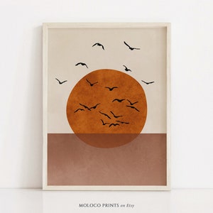 Abstract Boho Birds Sun Ocean Prints, Printable Wall Art, Sunset Neutral Decor, Instant Digital Download, Minimalist Mid Century Modern Bird