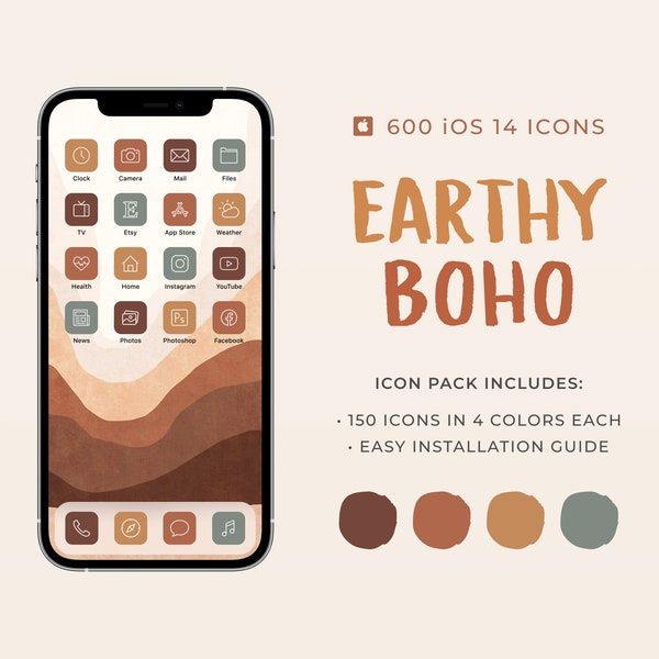 Bohemian - 600+ iOS 14 App Icons, Boho Orange Aesthetic, iPhone iPad iOS14, Widgets, Widgetsmith, Shortcuts, Icon Pack, Home Screen Covers