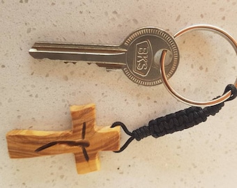 Handcarved Olive Wood Cross Keychain, Catholic Religious Gift