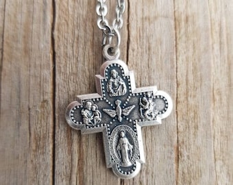 Collana con ciondolo a croce a quattro vie, croce color argento su catena, medaglia a croce a quattro vie, ciondolo a croce per collana, ciondolo cattolico, regali cattolici