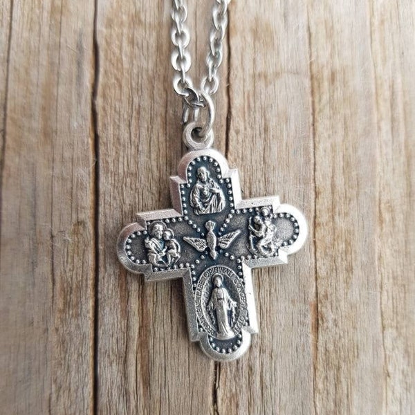 Four way cross pendant necklace, Silver tone cross on chain, 4 Way Cross Medal, Cross Charm for Necklace, Catholic Charm, Catholic Gifts